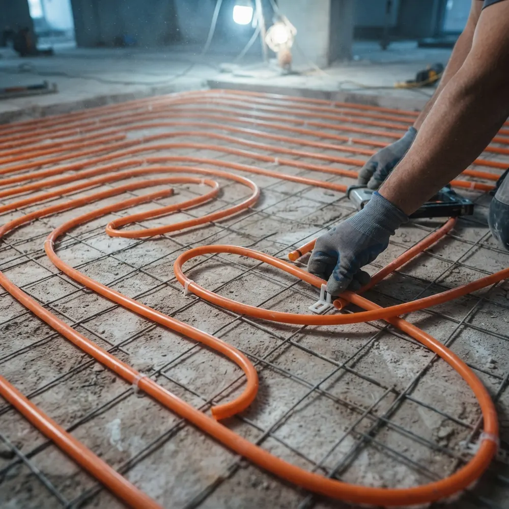 PEX tubing laid out in loops on a concrete slab before pour