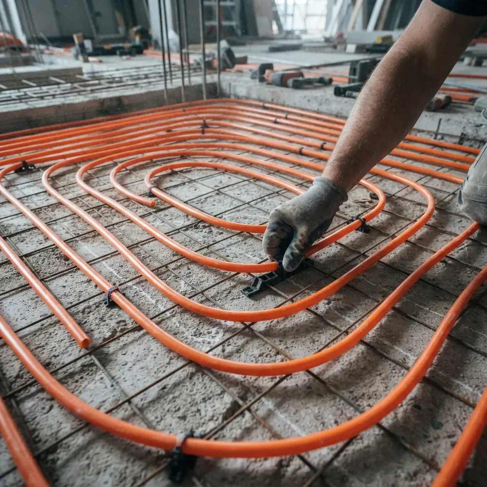 In-floor hydronic tubing laid in a slab before the pour