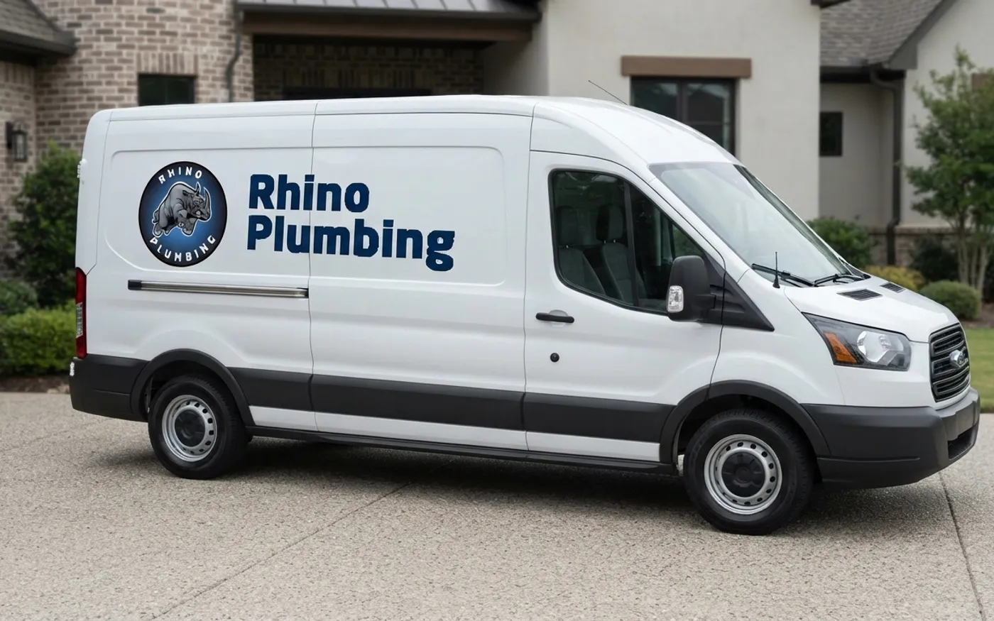Rhino Plumbing service van parked at a customer home