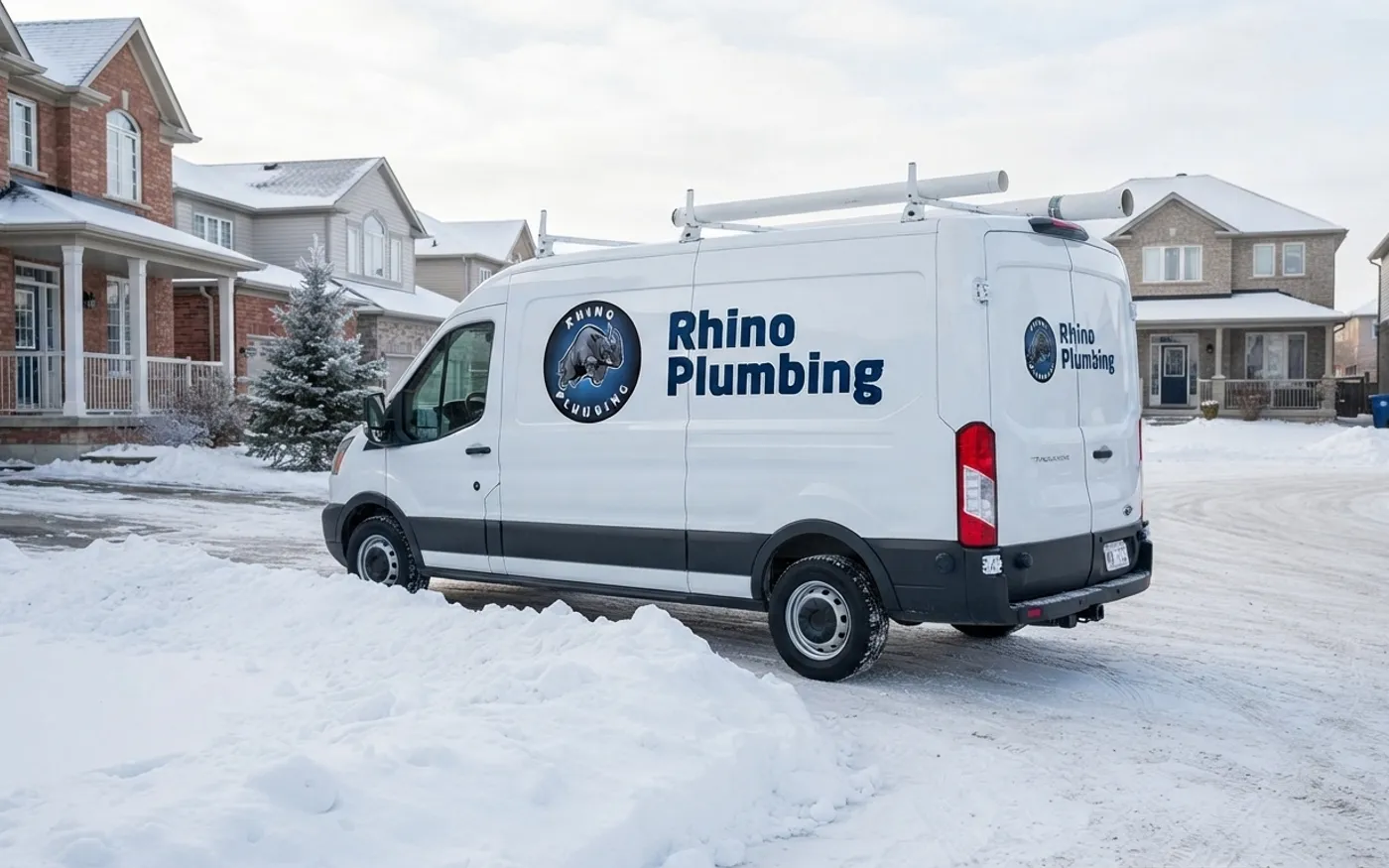 Rhino Plumbing service van parked in a residential driveway