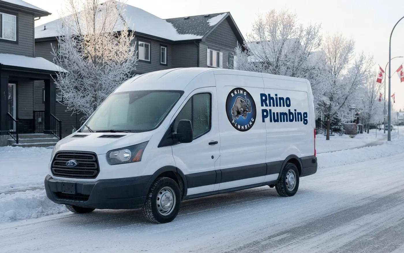Rhino Plumbing service van arriving at a Morinville home in winter